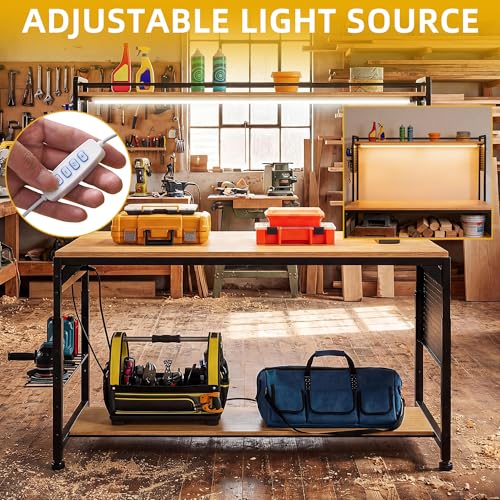 DWVO 59"x31" Adjustable Height Workbench with Pegboard and Storage Shelf, Heavy Duty Work Bench with Wheels, Load 1100lb, Work Table with AC/USB Outlet, LED Light, Hooks, for Garage, Workshop, Home