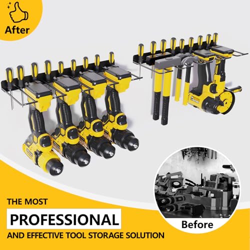 RacKeaLsi 2 Pack Drill Holder, Power Tool Organizer Wall Mount, Heavy Duty Garage Storage and Tool Organizer, Ideal Garage Organization Gifts for man, 8 Slots for Power Tools and 32 Screwdriver Rack