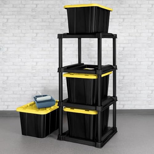 Sterilite 4 Tier Tote Rack, Vertical Plastic Storage Organizer Unit, Black - Standing Shelves for Industrial Utility Tote Organizers in Garages, Workshops, Laundry Rooms, and Basements