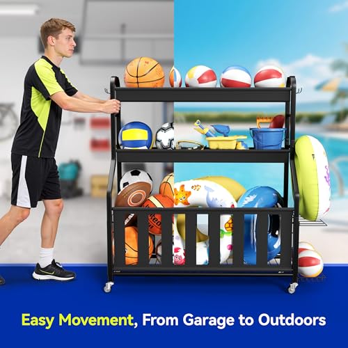 Keepmisc Sports Equipment Organizer, Large Capacity Garage Ball Storage Rack with Wheels, Heavy-Duty Rolling Ball Cart for Basketball, Soccer & Sports Gear