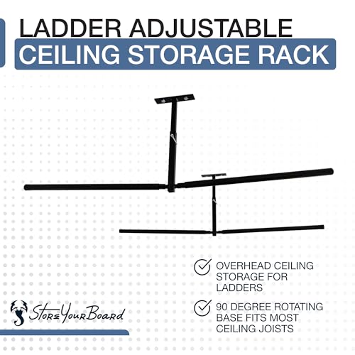 StoreYourBoard Adjustable Overhead Ladder Rack – Garage Organizer Ladder Shelf for Step & Extension Ladders - Storage Racks and Shelving for Garage Organization - Ceiling Mounted - Holds 150 lbs