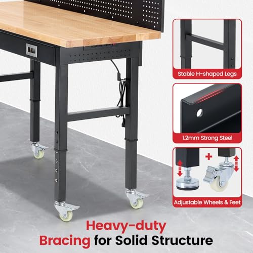 ENJOYWOOD 60" x 22" Heavy Duty Workbench Adjustable Height Garage Work Table with Solid Rubberwood Top, Wheels, Drawers, Pegboards & Power Outlets for Workshop, Home & Office