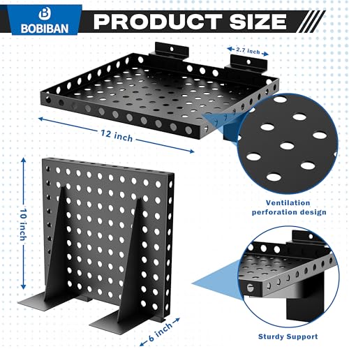 BOBIBAN 2 Pack Slatwall Shelves, Heavy Duty Metal Slat Wall Shelf for Retail, Garage, Home Storage, 20 lbs Load Capacity, Universal Slatwall Accessories(10 x 12 Inch-2, Black)