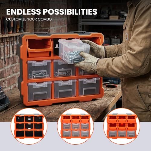 Tactix Modular Storage Tower Cabinet, Black & Orange, Polypropylene, 9 Removable Bins, Wall Mount, 12.5x6.6x14.9 Inches, Garage Workshop