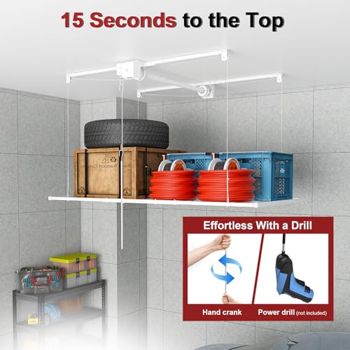 S.Walt Hanging Garage Ceiling Storage Racks, Adjustable Overhead Garage Storage Lift, Mounted 36 ft Heavy-Duty Steel Platform for High Ceilings 1012 ft, Supports 350 lbs for Everyday Use