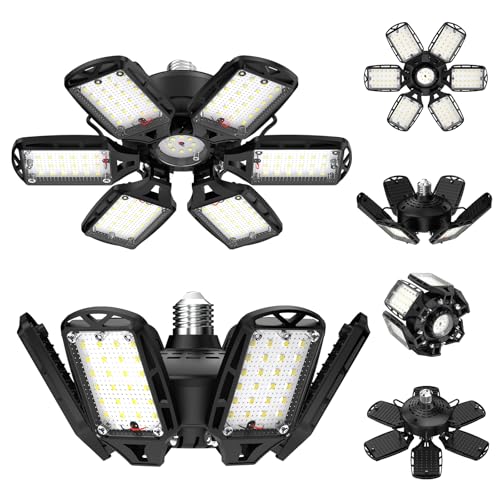 SYDHTF LED Garage Lights 2 Pack, 18000LM 180W Deformable Shop Light with 6+1 Adjustable Panels, 6500K Daylight White Ceiling Light for E26 Base, Ideal for Garage/Basement/Barn