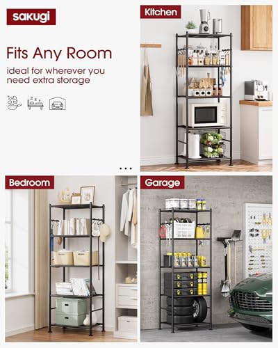 Sakugi Storage Shelves - 5-Tier Large Capacity Shelf Organizer with Hooks, Heavy-Duty Garage Shelving with Leveling Feet, Wobble-Free Rack for Bedroom, Balcony, Garage, 18.1"×12.4"×56.8", Black