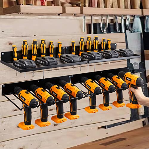 UU-Major Power Tool Organizer with Charging Station,Drill Holder Wall Mount,Garage Storage Shelves for Organization and Storage,Heavy Duty Pegboard Wall Organizer Set Solid Metal Black 2 Pack 4 Set…