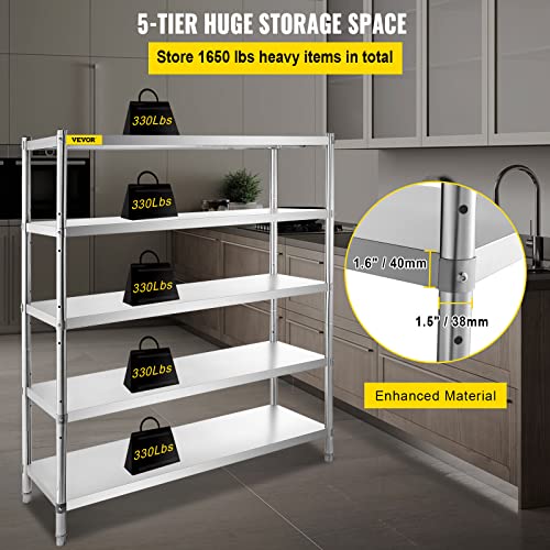 VEVOR Storage Shelf, 5-Tier Storage Shelving Unit, Stainless Steel Garage Shelf, Heavy Duty Storage Shelving, 1650 Lbs Total Capacity with Adjustable Height