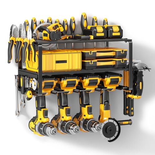 Hipidian Power Tool Organizer Wall Mount - Storage Rack with 4 Drill Holders for Drills Cordless Tools. Heavy Duty Iron Garage Tool Organizer Storage for Workshop Shed (4 Slots 3 Layers)