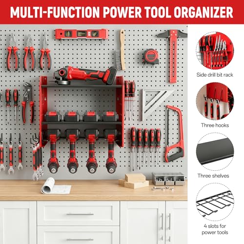 YKNIUNIU Power Tool Organizer Wall Mount, Garage Drill Storage Shelf with Hooks, Heavy Duty Metal Premium Garage Tool Shelf,Cordless Tool Storage Rack for Garage, Tool Room,Red