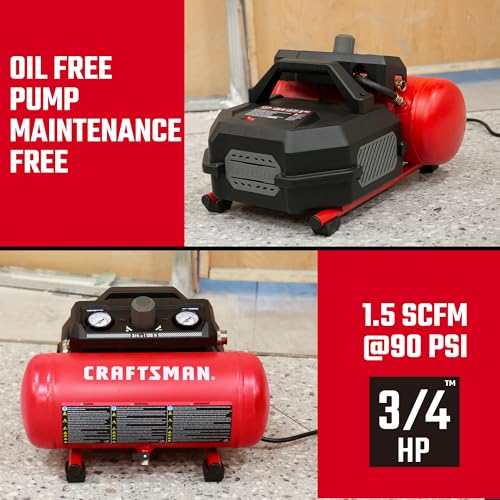 CRAFTSMAN Air Compressor, 1.5 Gallon, 3/4 HP, Max 125 PSI, 1.5 CFM@90psi, Fast Fill Air Compressor, Oil-Free, Portable Air Compressor for DIY Workshop,Spray Painting, Tire Inflation
