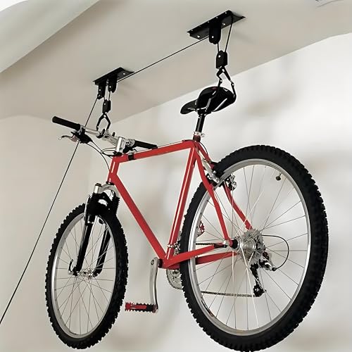 Heavy Duty Garage Ceiling Bike Hoist & Lift System - 100lbs Capacity Overhead Storage Rack for Bicycles, Kayaks, Ladders & Canoes,Space-Saving Pulley Hoist with Secure Locking Mechanism & Wall Hooks
