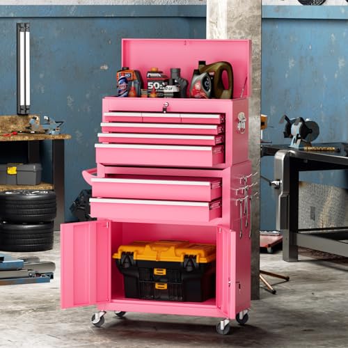 Crownland 8 Drawer Rolling Tool Chest with Wheels, Lockable 2 in 1 Detachable Tool Cabinet wit Drawers and Black Liners, Garage Top Toolbox and Bottom Storage Cart with Side Hooks,Pink