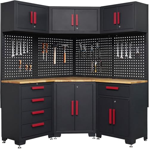 Tsnritor Corner Workshop Set,10Pcs Garage Cabinets and Storage System with Corner Cabinet, Cabinet Drawers, Workbench, Pegboard for Tool Organization, Red Handle