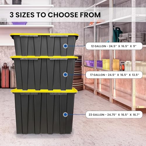 4 PACK of 17 Gallon Large Black & Yellow Storage Bins | Plastic Tote Organizing Container with Secure Latching Lids, Stackable, Extra Strength with Built in Handle | 24.5" x 16.5" x 13.5"