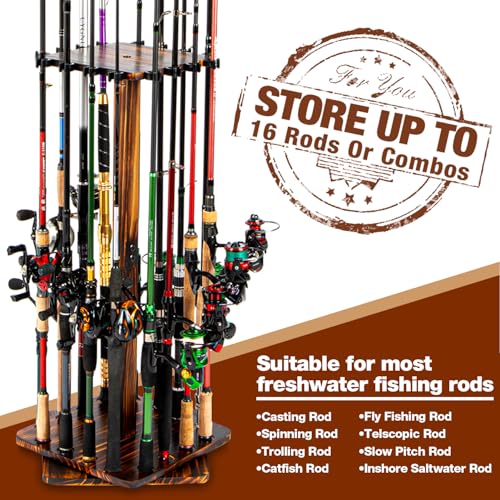 Ghosthorn Fishing Rod Holders for Garage, Fishing Gear and Equipment Tackle Storage Cart Pole Rod Rack, Hold up to 16 Rods, 360 Degree Rotating, Wood