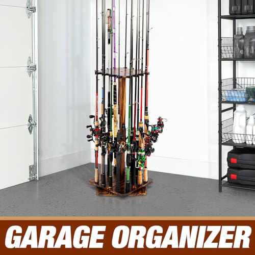 Ghosthorn Fishing Rod Holders for Garage, Fishing Gear and Equipment Tackle Storage Cart Pole Rod Rack, Hold up to 16 Rods, 360 Degree Rotating, Wood