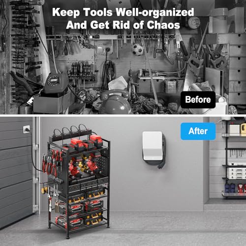 JUNNUJ Power Tool Organizer Floor Stand with Charging Station, Garage Adjustable Storage Rack Utility Tool Shelf with 8 Outlet Power Strip, Heavy Duty Drill and Battery Holder, Black