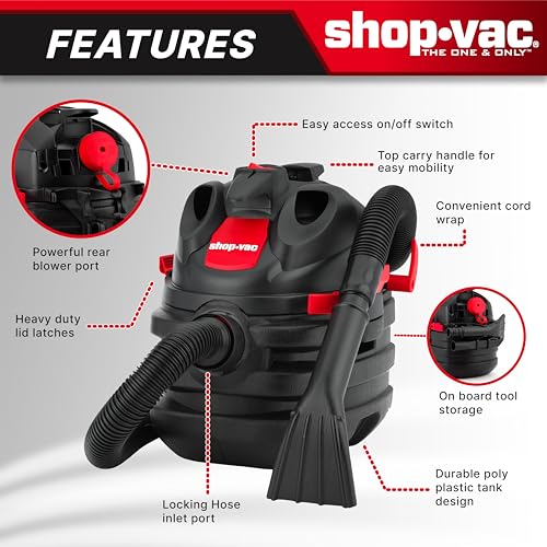 Shop-Vac 5 Gallon 6.0 Peak HP Portable Wet/Dry Vacuum, 1-1/2 Inch Diameter x 8 Foot Hose, 20 Foot Cord, Ideal for Jobsite, Garage, Workshop & Home