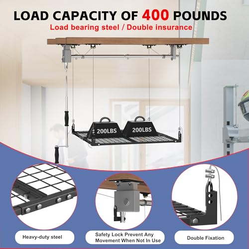 UODENGA Overhead Garage Storage Rack,4x4FT Garage Ceiling Storage Racks,Lift Storage Rack with Secure Lock,Holds 400 Lbs for Easy Up Down,Professional Organization System