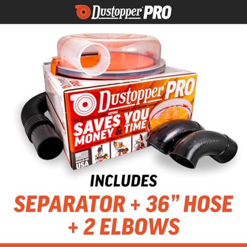 The Dustopper PRO, Low-Profile Dust Separator for Shop Wet/Dry Vacuums with at least 5HP. Includes High-Flow 90 Degree Sweep Elbows and Connection Hose. Fits Standard 5 Gallon Buckets, Made in USA