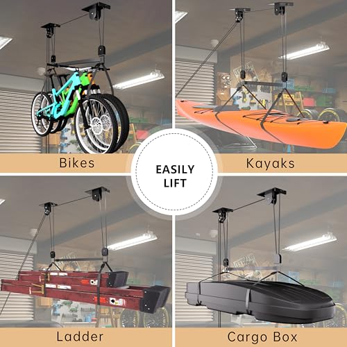 TRUSOON Kayak Hoist Pulley System for Garage, Durable Nylon Rope Ceiling Lift for 10-18 FT, Overhead Storage Rack for Canoe, Holds 150 LBS, Black