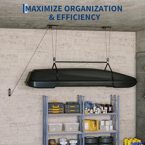 Cargo Box Garage Pulley System, Heavy‑Duty Overhead Hoist for Rooftop Cargo Boxes & Large Bins, 150 Lb Capacity, Fits 8–10 ft Garage Ceilings, Adjustable Straps & Dual Fixed‑Point Design