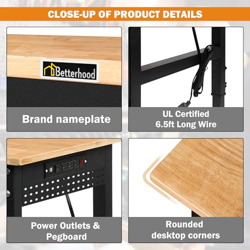 Betterhood 70" Adjustable Workbench on Wheels, 2000 LBS Heavy Duty Work Table with Power Outlets & Pegboard, Rubber Wood Workstation for Garage, Workshop, Office, Home, Commercial