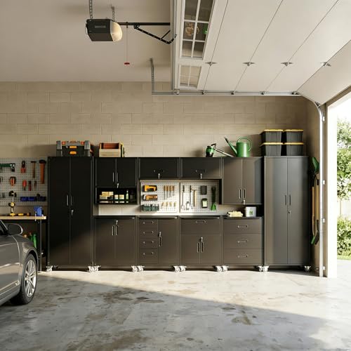 VIYET 10-Piece Heavy Duty Steel Garage Cabinet System | All-in-One Modular Garage Cabinet Set for Ultimate Workshop Organization | Easy Assembly Garage Storage Cabinets & Tool Bench (Black)