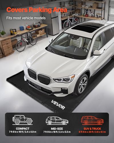 VEVOR Containment Mat, 8 ft 6 in x 20 ft, Non-Slip PVC Garage Floor Mat with a Cleaning Squeegee, Heavy Duty Durable Waterproof Protection from Snow, Rain and Mud for Cars SUVs Trucks Parking, Black