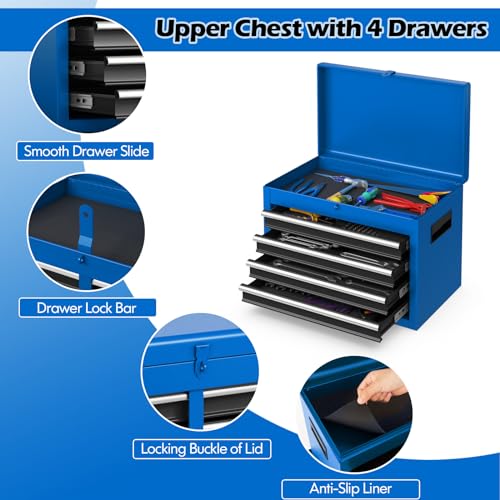 Goplus Tool Chest, 5-Drawer Rolling Cabinet with Detachable Top Toolbox, Lockable Wheels, Lock Bar, Protective Liner & Tool Rack, Metal Storage Cart for Garage Workshop