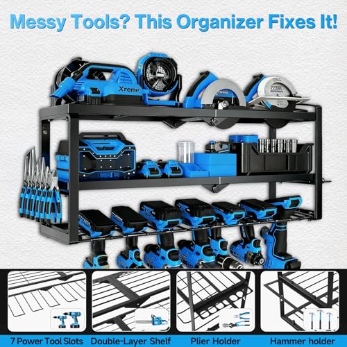 SecureElastic Heavy Duty Power Tool Organizer Wall Mount - 3 Tier Metal Tool Rack with 7 Drill Holders, 300LB Capacity for Garage, Workshop, Pegboard Storage