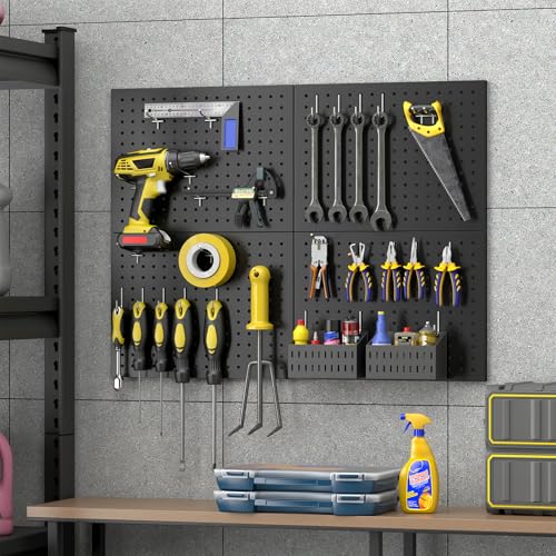 GEDELITE 4-Pack Heavy-Duty Metal Pegboard Organizer Kit - 16"x12" Black Steel Wall Control Panels with 8 Hooks for Garage Tools, Craft Rooms, and Home Office Storage