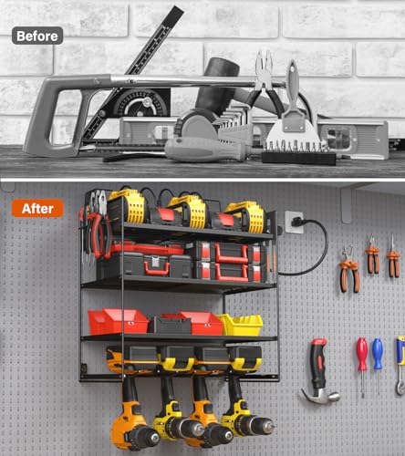 JUNNUJ Power Tool Organizer with 10 Outlet Power Strip, 4 Layer Wall Mount Drill Holder with Charging Station, 4 Drills Storage Shelf Shop Garage Utility Rack, Black