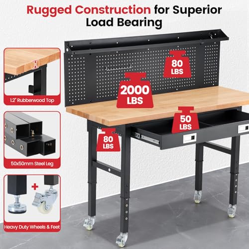 ENJOYWOOD 60" x 22'' Garage Workbench with Wheels Adjustable Height Rubberwood Work Table with Drawers, Pegboard, Power Outlets & LED Light Heavy Duty Rolling Workbench for Workshop & Home