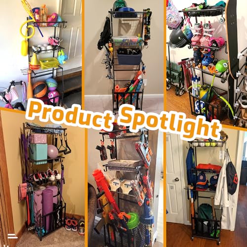 PLKOW Alloy Steel Sports Equipment Storage, Indoor/Outdoor Sports Rack, Ball Storage Organizer with Basket and Hooks For Toy/Sports Gear for Garage