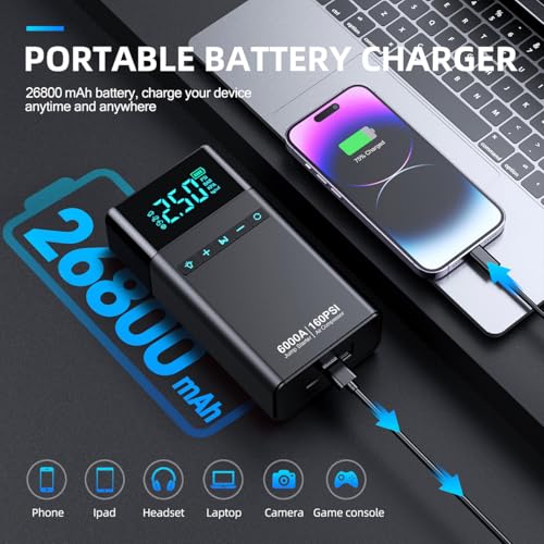 CZKBG 10-in-1 Portable Car Battery Jump Starter with Air Compressor, 6000A 160PSI Portable Car Jumper Starter (All Gas 12L Diesel), 12V Jump Box Car Battery Jump Starter with Jumper Cables, Lights
