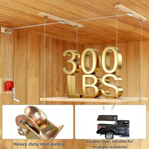 Overhead Garage Lifting Storage Rack, Garage Storage Lift, Garage Ceiling Hoist Organizer for 300 Lb Capacity, Pulley System Supports Ceilings 8-16 Feet High Garage, Easy to Install
