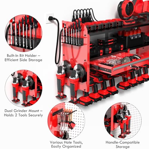 KSVO Power Tool Organizer Wall Mount with Drill Rack, Grinder Holder, Hammer & Pliers Rack, Locking Drawers, 6-Outlet Charging Shelf – Heavy Duty Metal Tool Storage for Garage, Workshop (Red)