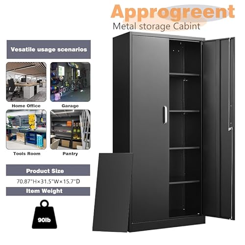 Approgreent Metal Storage Cabinet with Adjustable Shelves, Garage Cabinet with 2 Lockable Doors, Garage Storage Cabinet, Kitchen Pantry Cabinet - 71'H, Black