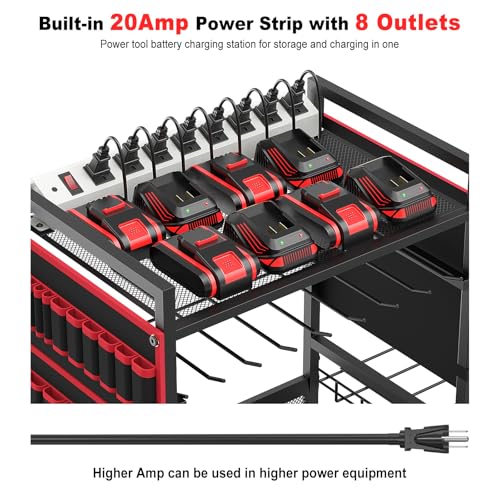 JUNNUJ Garage Large Power Tool Organizer Cart with 20A Charing Station, Heavy Duty Drill and Tools Battery Holder Storage Rack, Floor Standing Rolling Tool Cart on Wheels, Red