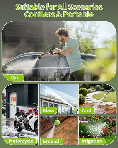Cordless Portable Washer, Handheld Washer, Battery Operated Washer for Car Home Outdoor Patio Garden, Lightweight Car Washer, Washer with Foam Pot, Cleaner with 23FT Elastic Hose (Blackgreen)