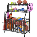Jsskeeim Garage Sports Equipment Organizer,Sports Ball Organizer with Wheels,Mesh Pocket, Basket,Ball Organizer with Baseball Bat Rack and HooksToy Storage Rolling Cart-Black