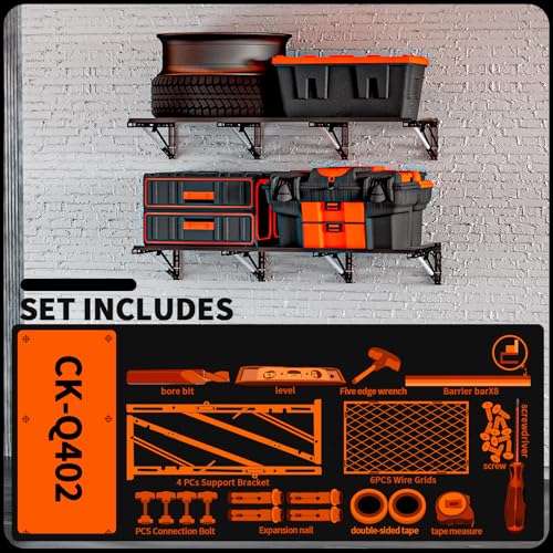 Lamorland Heavy Duty Foldable Garage Storage Shelves Wall Mounted Metal Rack Unit Organizer with Removable Edge Barriers, Adjustable System for Corner Wall Use, 52.76 Inch Long 24.45 Inch Large