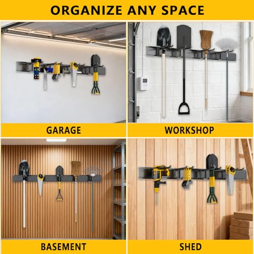 Tebgeag Garage Tool Organizer Wall Mount, 48inch Heavy-Duty Garage Storage System and Garden Tool Organizer with 6 Adjustable Double Hooks for Shovel, Snowboard, Yard Tools and Shed
