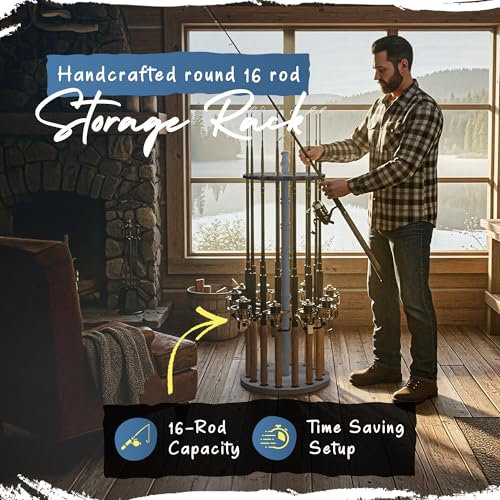 Rush Creek Creations 16-Rod Round Fishing Rod Holder for Garage, 360° Access Fishing Pole Holder for Fishing Rods, Reels, and Gear, Securely Holds 16 Rods, Barnwood