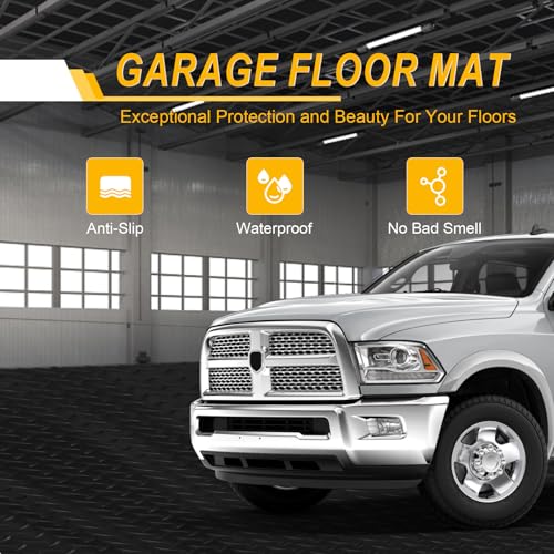 7.5x18 FT Garage Floor Mat, Flooring Roll with 20Pcs Tapes, 135 sqft Diamond Plate PVC Rubber Trailer Mat, Non-Slip Floor Mat for Garage, Warehouse, Gyms, Trailer, Pickup Truck (Black)