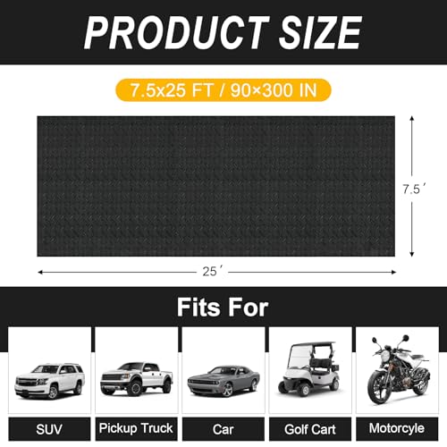 7.5x25 FT Garage Floor Mat, 2.8mm Thickened Flooring Roll Under Car Mat with 20Pcs Tapes, Diamond Plate, Non-Slip Floor Protector Mat for Trailer, Garage, Warehouse, Gyms, Trailer, Matte Black