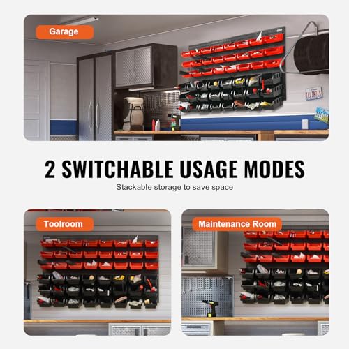 VEVOR 48-Bin Wall Mounted Storage Bins Parts Rack Organizer Garage Shop Tool Organizer for Screws, Nuts, Bolts, Nails, Beads, and Small Hardware Parts, With Wall Panels